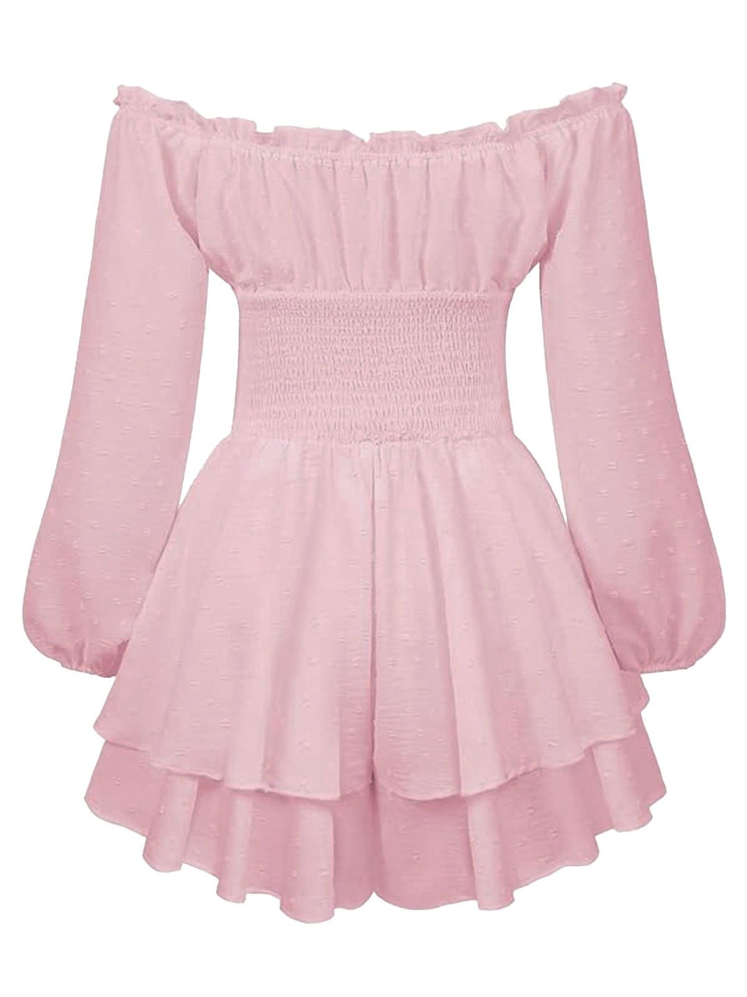 1950s Solid Off-Shoulder Long-Sleeve Smocked Mini Dress: beautiful vintage dress, retro fashion, elegant style with timeless appeal