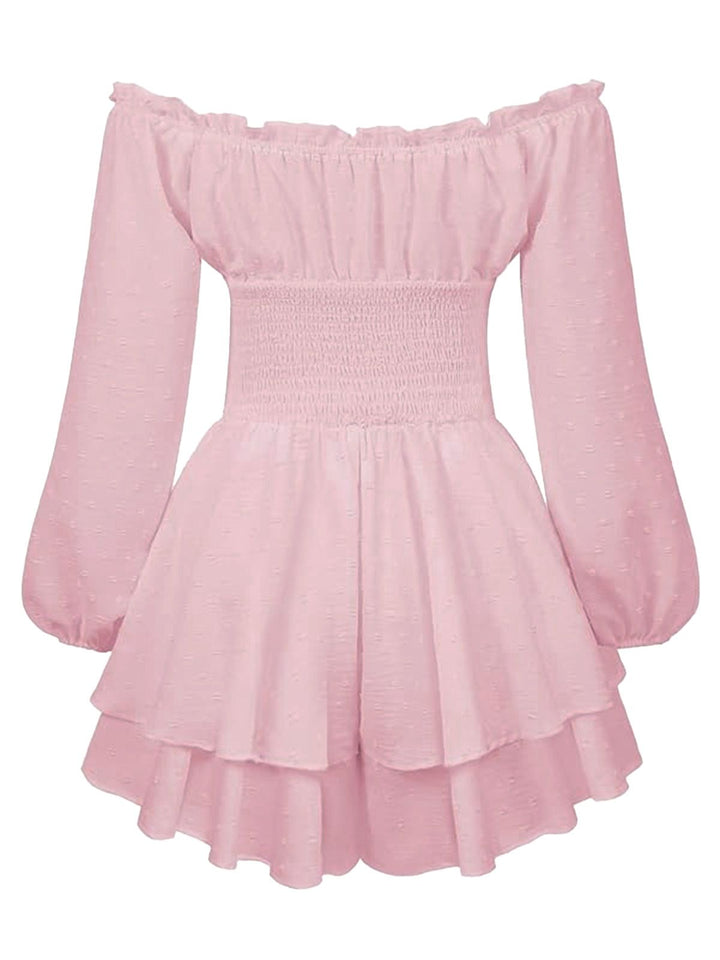 1950s Solid Off-Shoulder Long-Sleeve Smocked Mini Dress: beautiful vintage dress, retro fashion, elegant style with timeless appeal