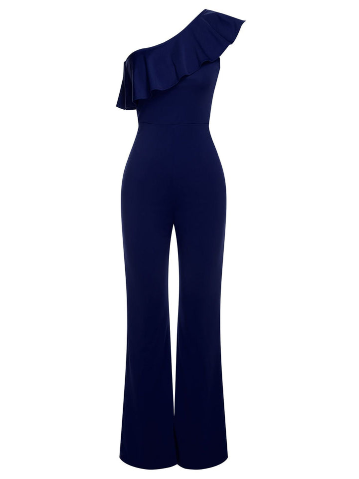 1950s Solid One Shoulder Ruffled Jumpsuit, vintage romper, retro jumpsuit - perfect for women who love vintage and retro fashion