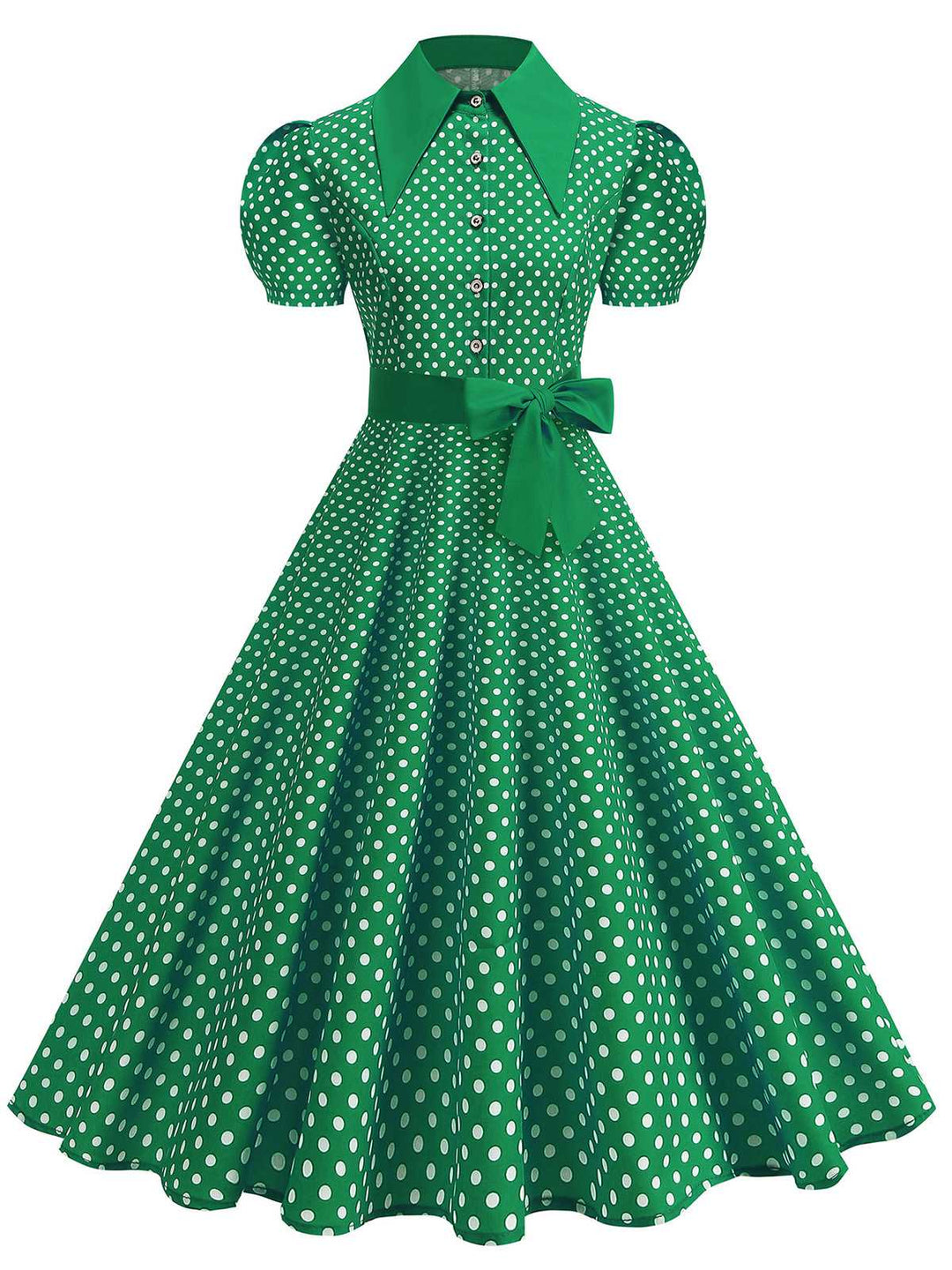 1950s Solid Polka Dot Shirt Collar Belted Swing Dress - vintage dress, retro fashion, elegant style for vintage lovers