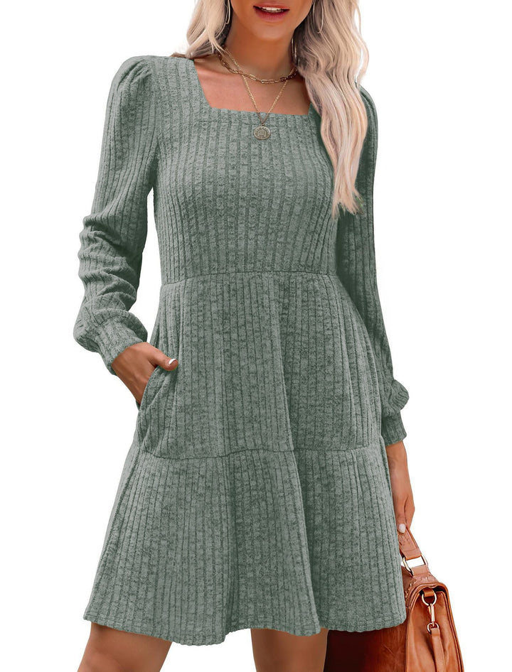 1950s Solid Ribbed Square Neck Long-Sleeve Dress - vintage dress, retro fashion, rockabilly