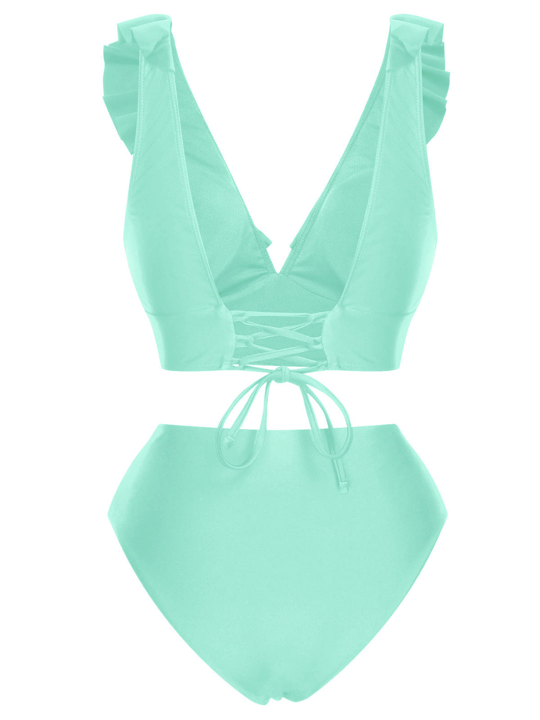 1950s Solid Ruffle Lace-Up V-Neck Swimsuit, vintage swimsuit, pin-up swimwear - perfect for women who love vintage and retro fashion