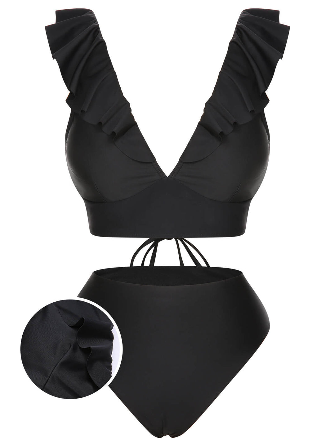 1950s Solid Ruffle Lace-Up V-Neck Swimsuit, vintage swimsuit, pin-up swimwear - perfect for women who love vintage and retro fashion
