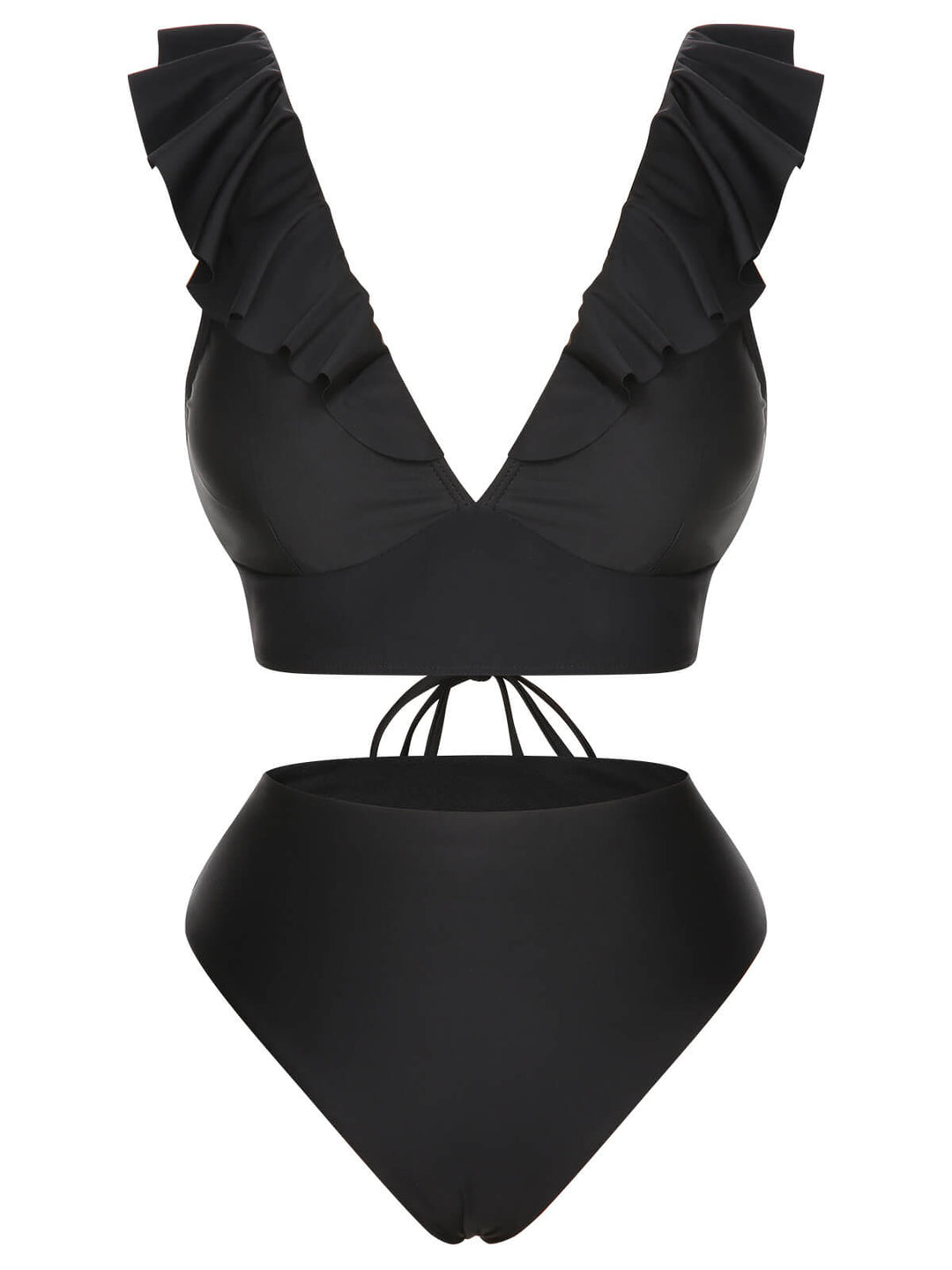 1950s Solid Ruffle Lace-Up V-Neck Swimsuit, vintage swimsuit, pin-up swimwear - perfect for women who love vintage and retro fashion