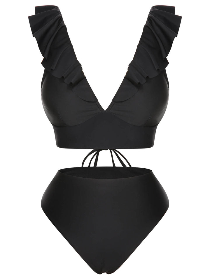 1950s Solid Ruffle Lace-Up V-Neck Swimsuit, vintage swimsuit, pin-up swimwear - perfect for women who love vintage and retro fashion