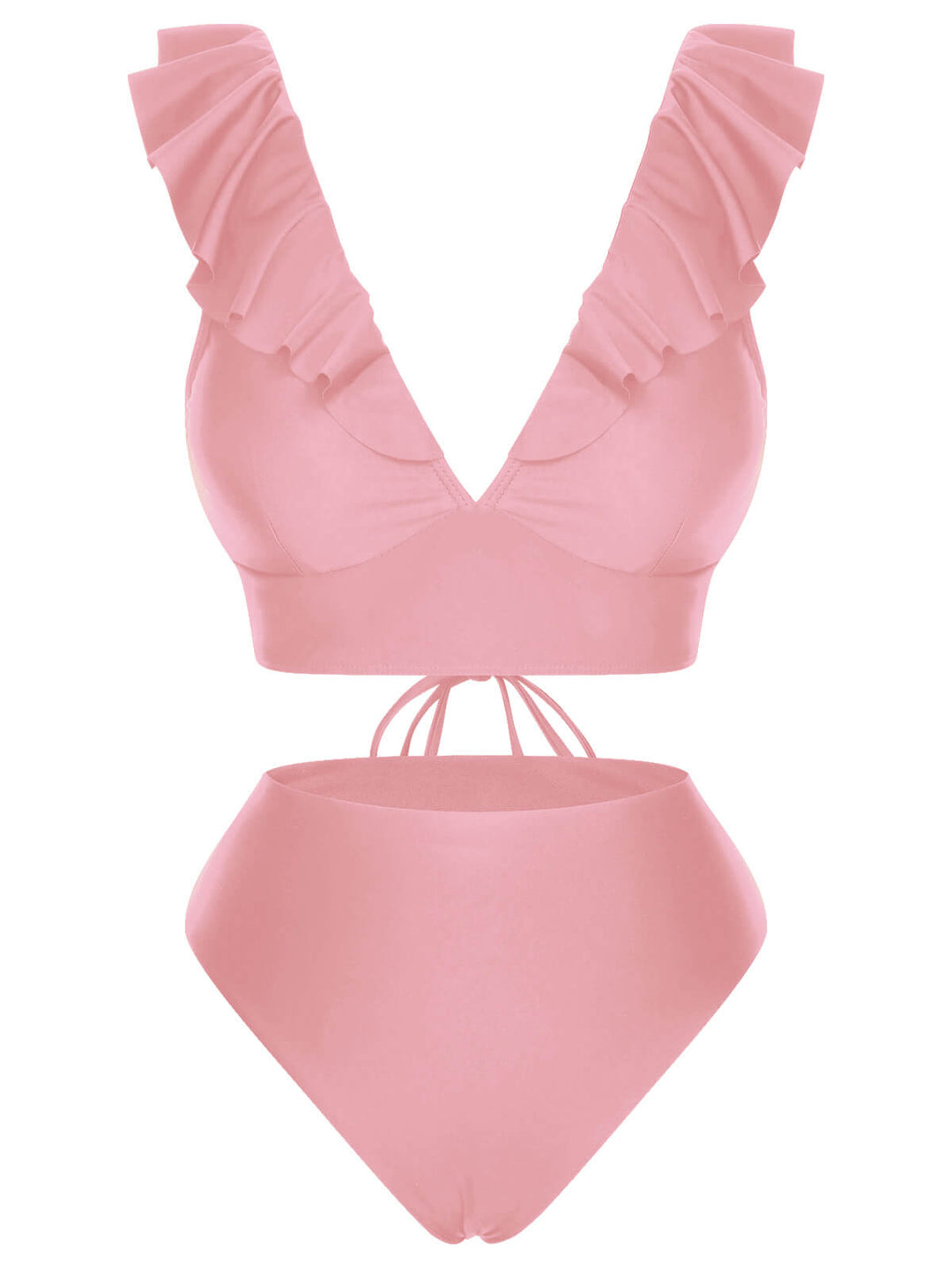 1950s Solid Ruffle Lace-Up V-Neck Swimsuit, vintage swimsuit, pin-up swimwear - perfect for women who love vintage and retro fashion