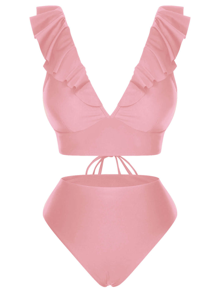 1950s Solid Ruffle Lace-Up V-Neck Swimsuit, vintage swimsuit, pin-up swimwear - perfect for women who love vintage and retro fashion