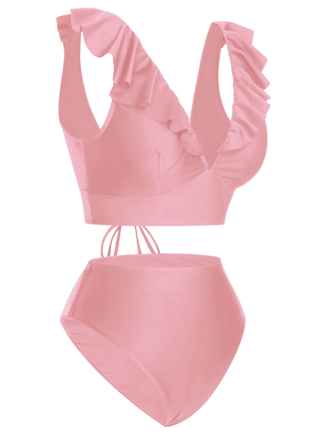 1950s Solid Ruffle Lace-Up V-Neck Swimsuit, vintage swimsuit, pin-up swimwear - perfect for women who love vintage and retro fashion