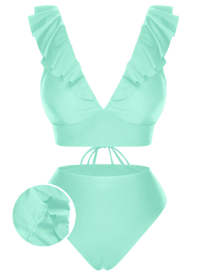 1950s Solid Ruffle Lace-Up V-Neck Swimsuit, vintage swimsuit, pin-up swimwear - perfect for women who love vintage and retro fashion