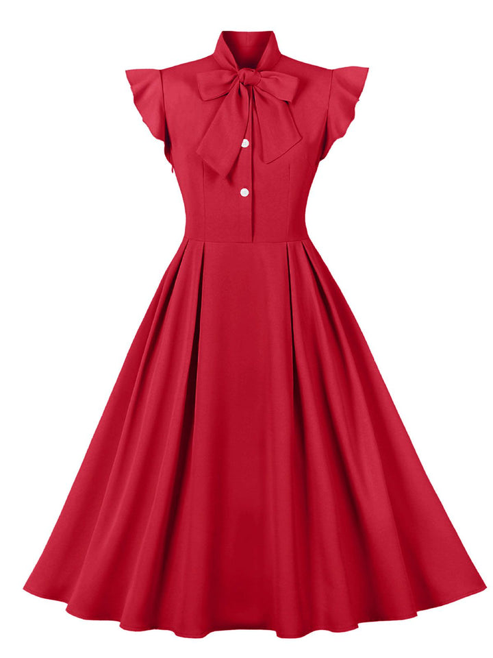 1950s Solid Ruffle Sleeve Bow Neck Dress: timeless style reimagined