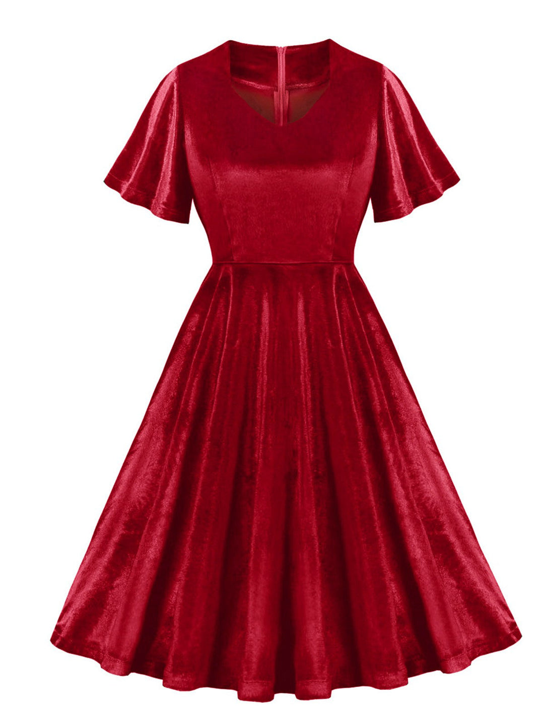 She slips into this 1950s Solid Ruffle Sleeves Velvet Dress and suddenly it&