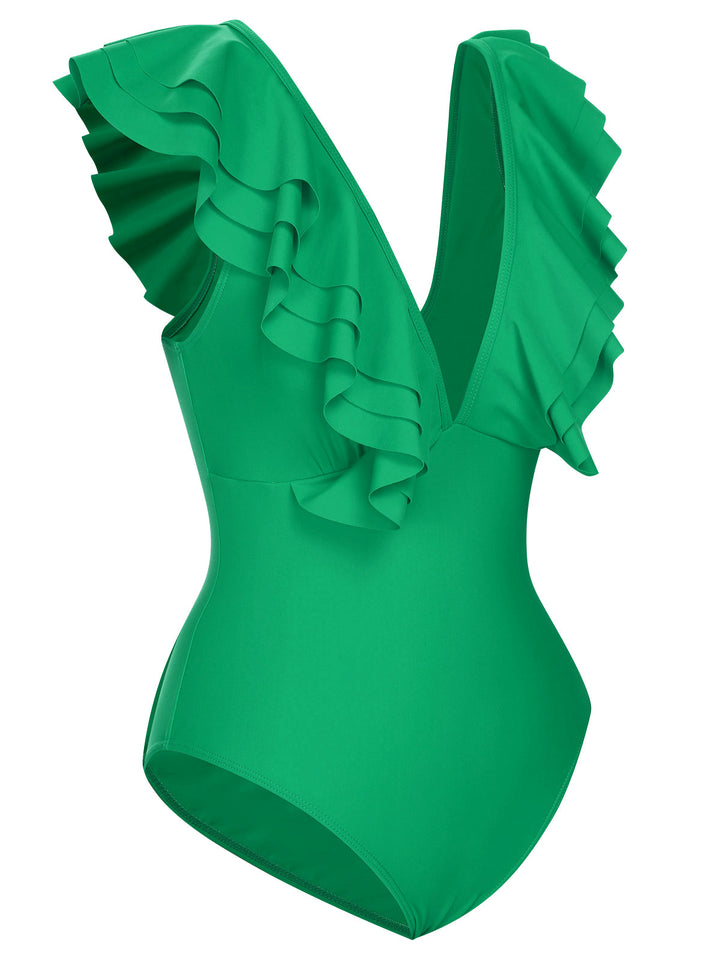 1950s Solid Ruffle V-Neck One-Piece Swimsuit, vintage swimsuit, pin-up swimwear - perfect for women who love vintage and retro fashion