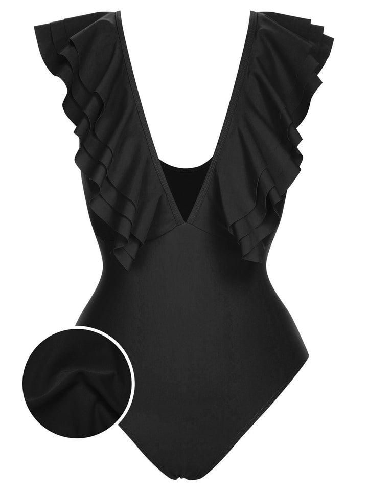 1950s Solid Ruffle V-Neck One-Piece Swimsuit, vintage swimsuit, pin-up swimwear - perfect for women who love vintage and retro fashion