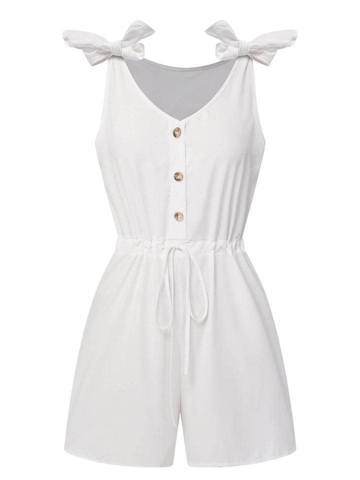 She finds her 1950s story in this 1950s Solid Shoulder Tie Sleeveless Romper