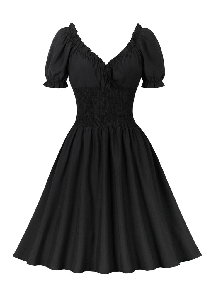 1950s Solid Smocked Waist Off-Shoulder Dress: timeless style reimagined