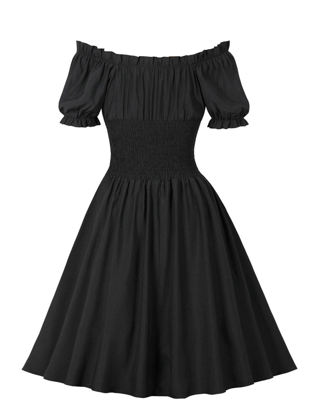 1950s Solid Smocked Waist Off-Shoulder Dress — vintage elegance for the modern woman