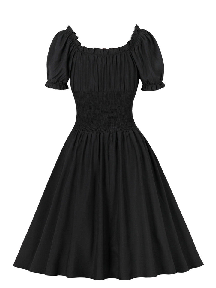 1950s Solid Smocked Waist Off-Shoulder Dress: timeless style reimagined