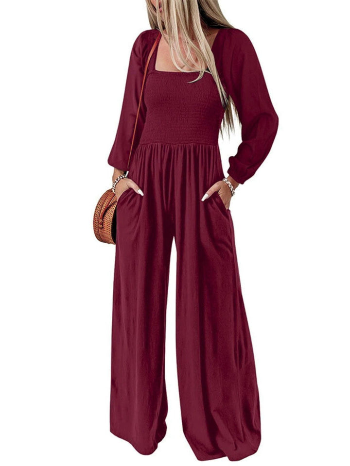 1950s Solid Square Neck Smocked Long Jumpsuit - vintage jumpsuit, retro fashion