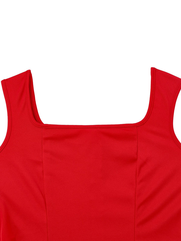 1950s Solid Square Neck Wide Strap Ruched Dress - vintage dress, retro fashion, rockabilly