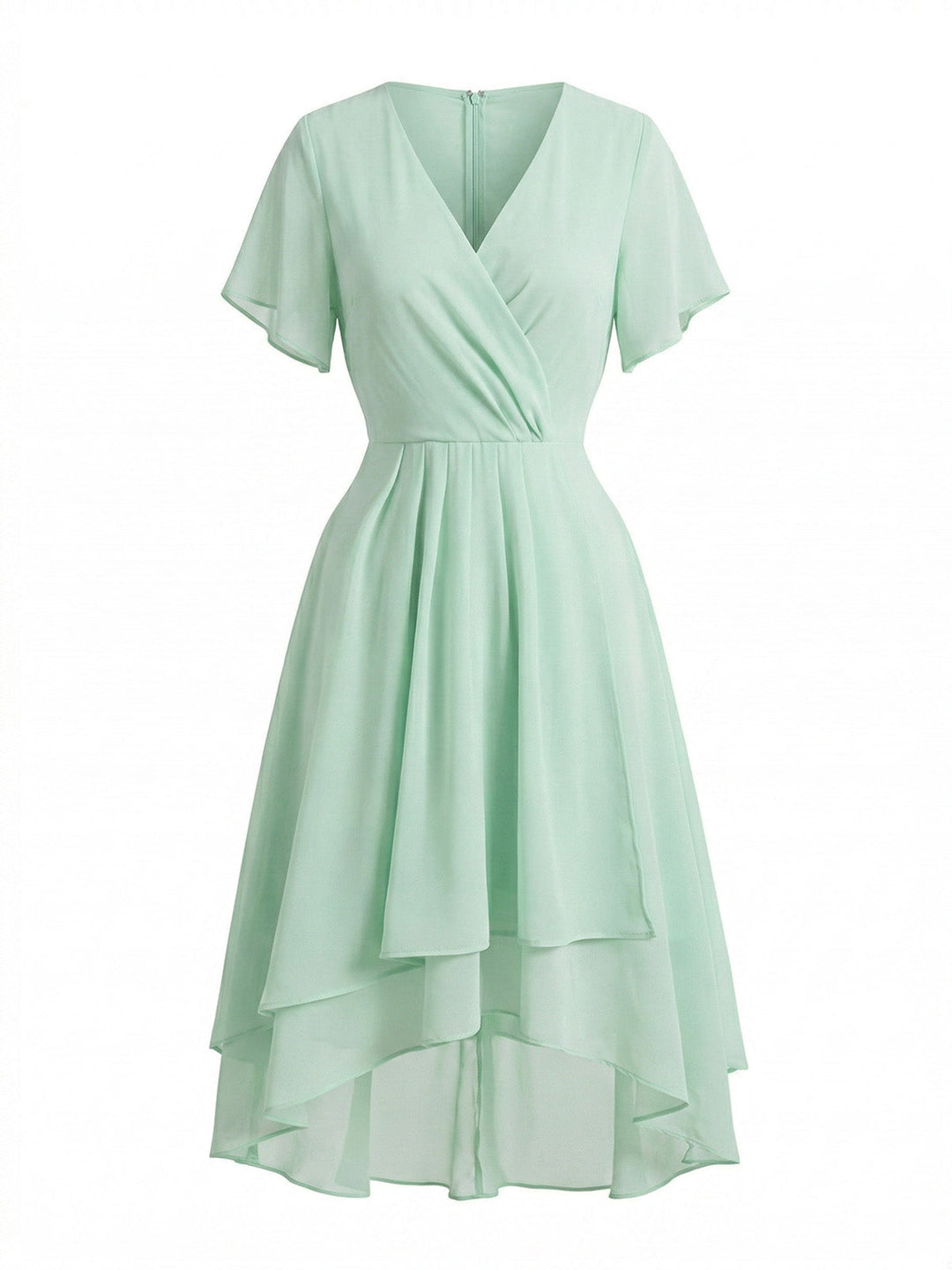 1950s-Solid-V-Neck-Ruffle-Sleeve-Chiffon-Asymmetrical-Dress, vintage, retro, dress