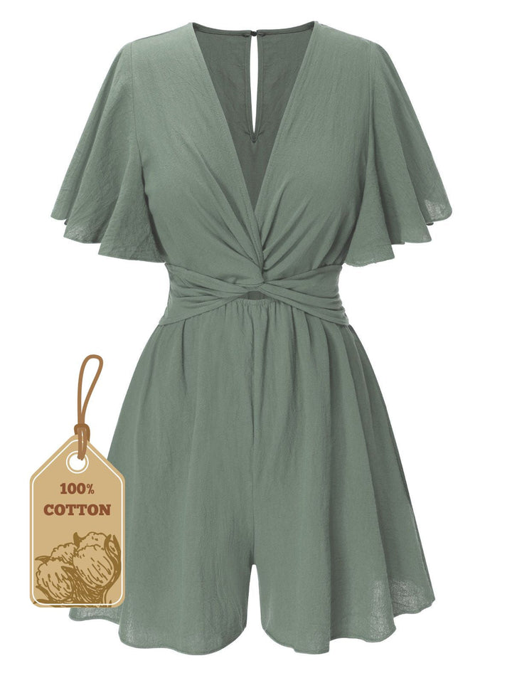 1950s Solid V-Neck Cotton Flounce Sleeve Romper - vintage jumpsuit, retro fashion