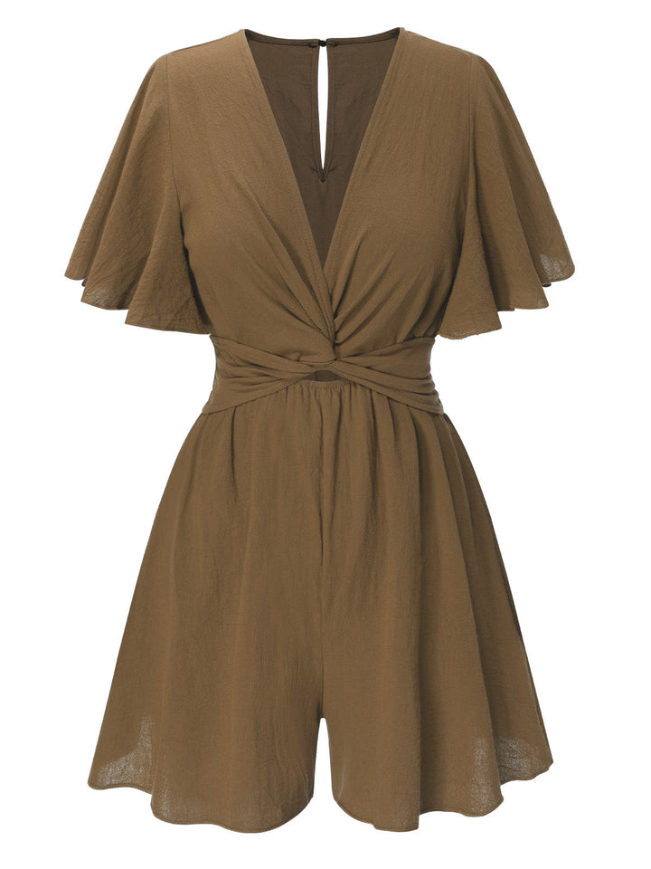 1950s Solid V-Neck Cotton Flounce Sleeve Romper, vintage romper, retro jumpsuit - perfect for women who love vintage and retro fashion