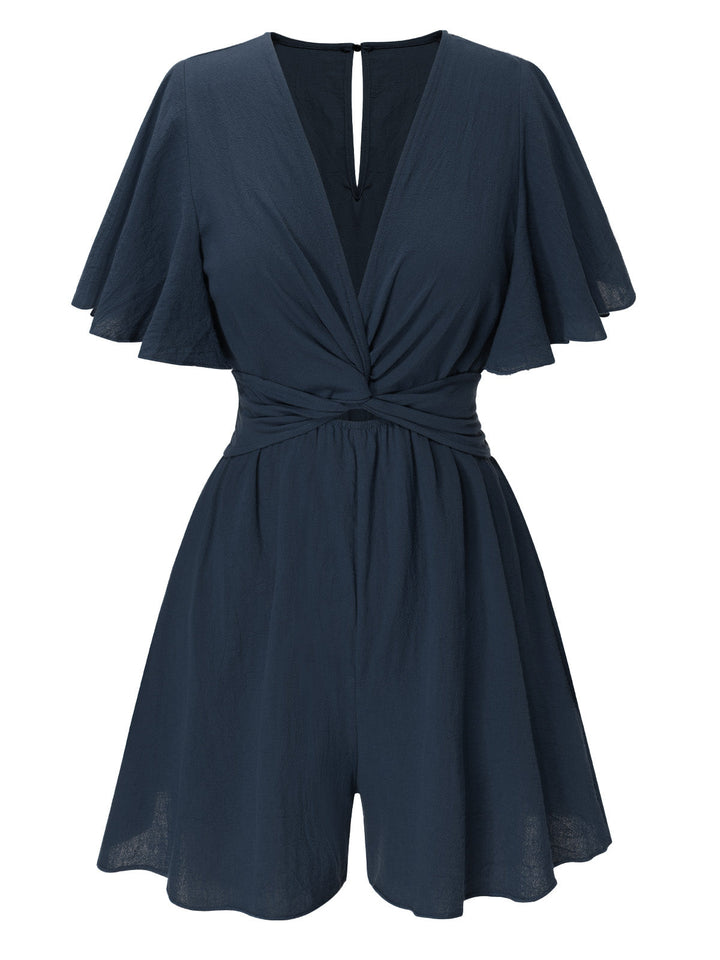 1950s Solid V-Neck Cotton Flounce Sleeve Romper, vintage romper, retro jumpsuit - perfect for women who love vintage and retro fashion