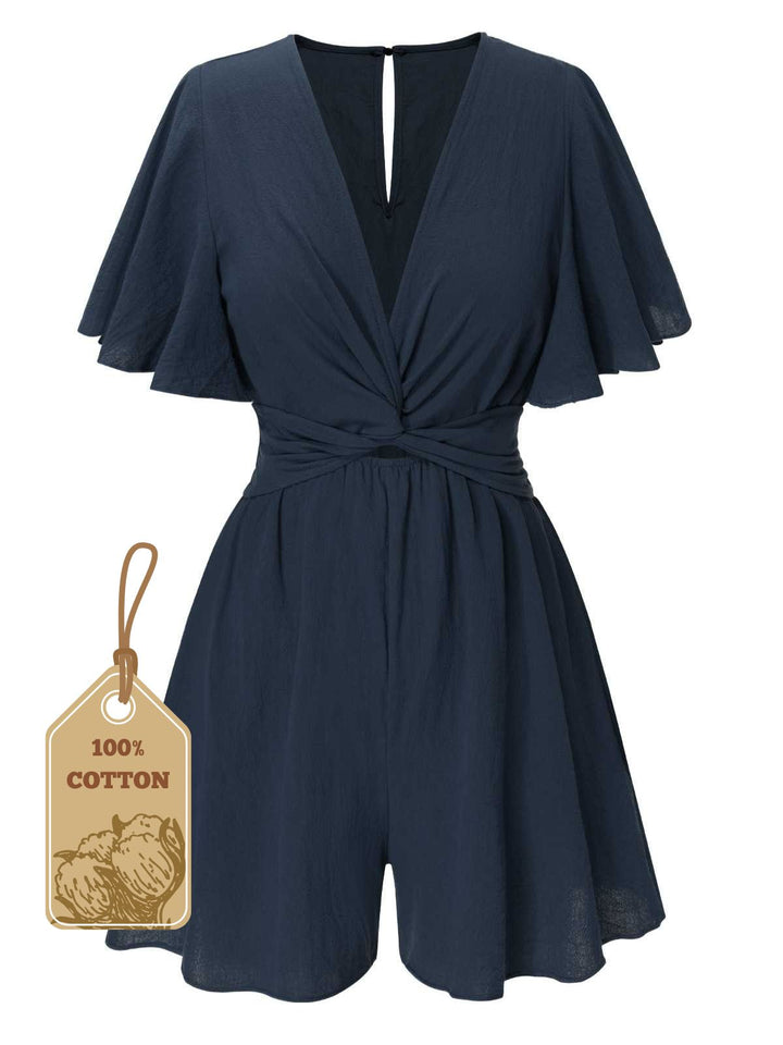 1950s Solid V-Neck Cotton Flounce Sleeve Romper - vintage jumpsuit, retro fashion