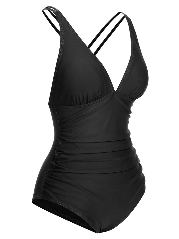 This Solid V-Neck One-Piece Swimsuit carries vacation dreams in every stitch