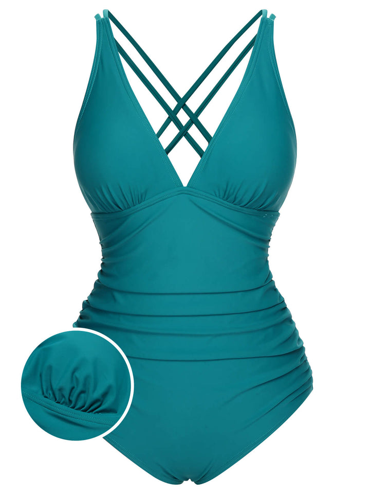 This Solid V-Neck One-Piece Swimsuit carries vacation dreams in every stitch