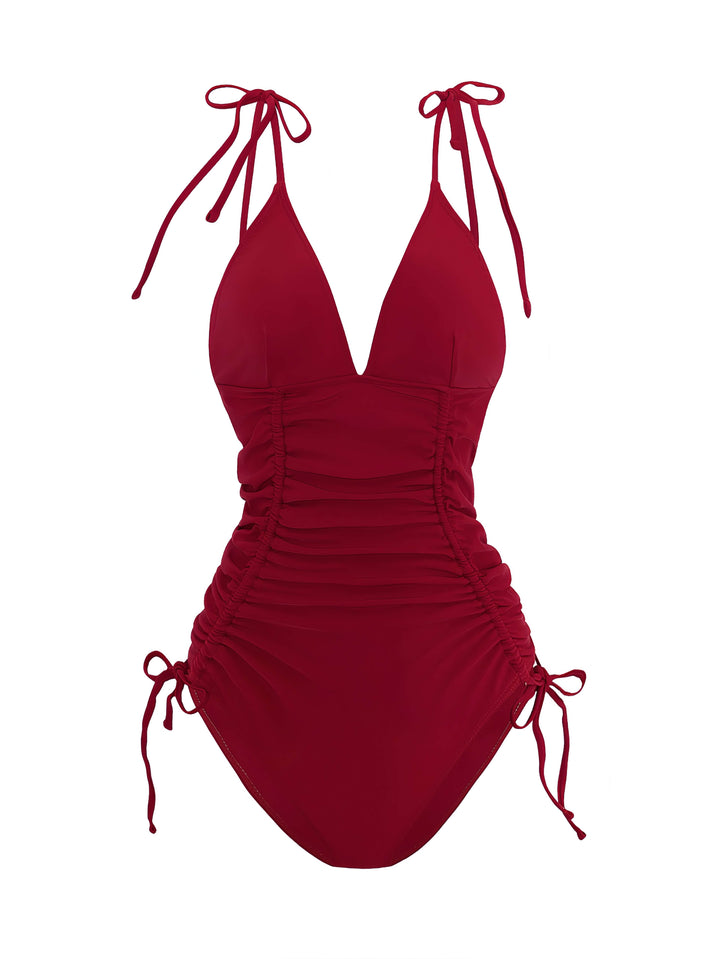 1950s Solid V-Neck Ruched One-Piece Swimsuit - vintage swimsuit, pin-up style