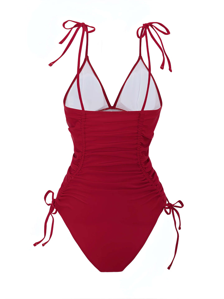 1950s Solid V-Neck Ruched One-Piece Swimsuit - vintage swimsuit, pin-up style