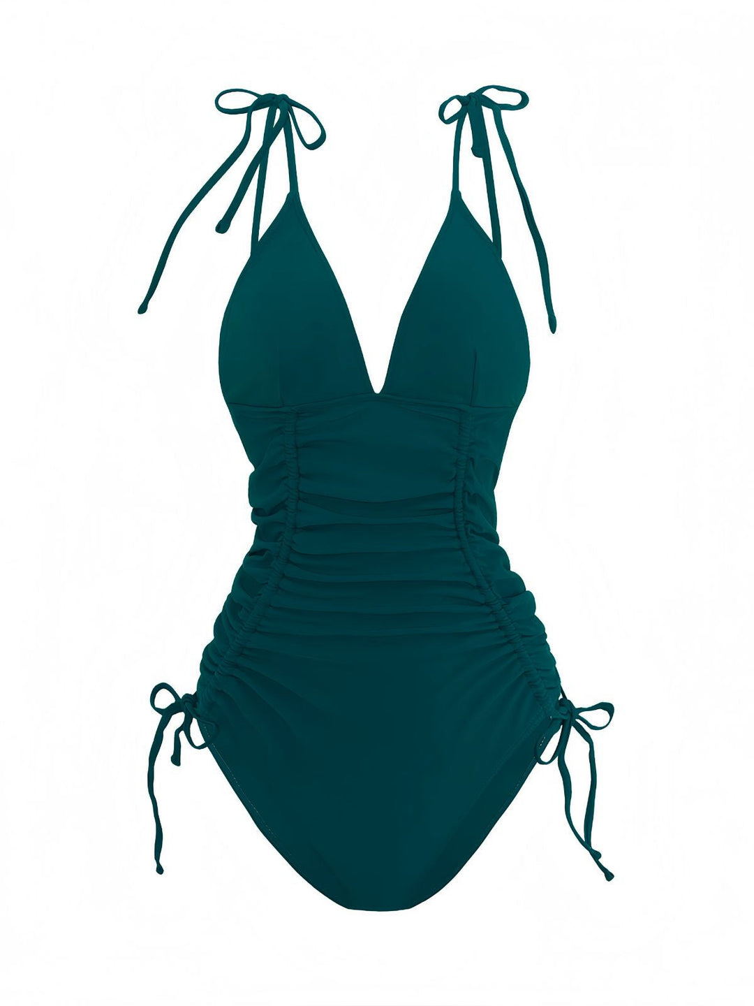 1950s Solid V-Neck Ruched One-Piece Swimsuit - vintage swimsuit, pin-up style