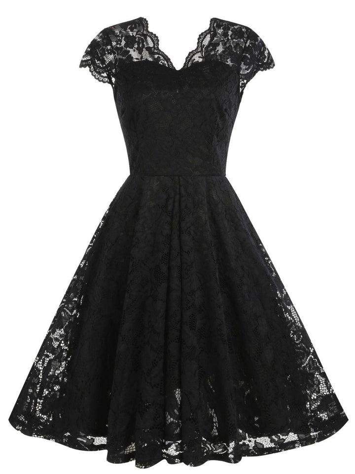 1950s Solid V-Neck Sleeveless Lace Dress - vintage dress, retro fashion, rockabilly