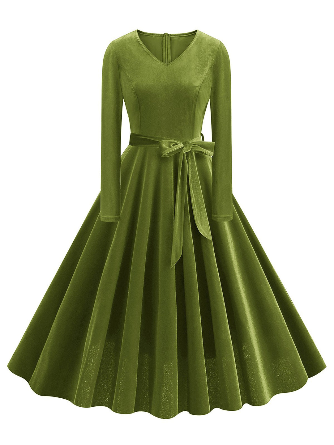 She slips into this 1950s Solid Velvet V-Neck Swing Dress and suddenly it&