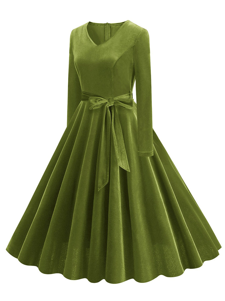 1950s Solid Velvet V-Neck Swing Dress: where 1950s romance meets her modern spirit