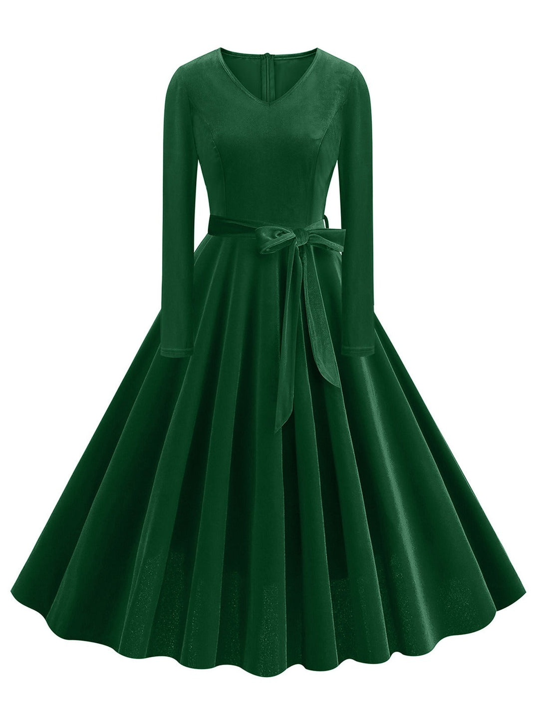 She slips into this 1950s Solid Velvet V-Neck Swing Dress and suddenly it&