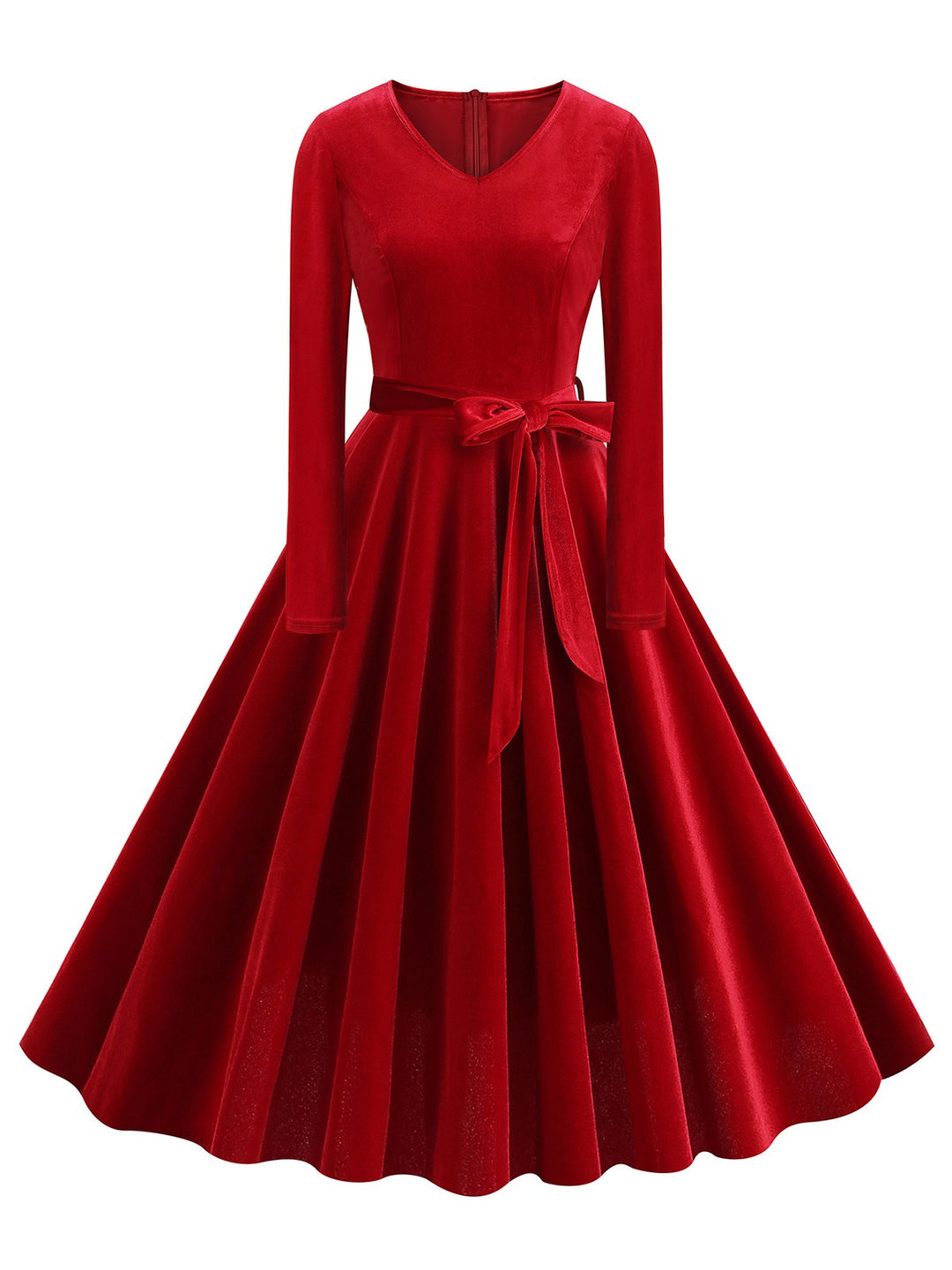 She slips into this 1950s Solid Velvet V-Neck Swing Dress and suddenly it&