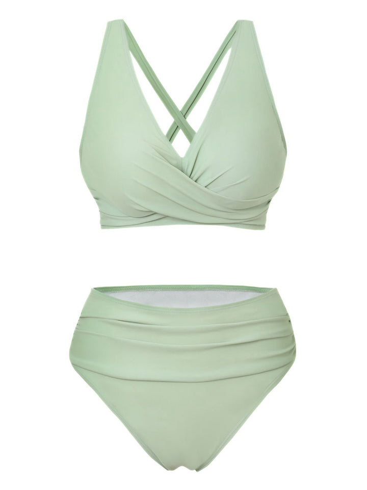 1950s Solid Wrap Crisscross High Waist Bikini Set: beautiful vintage swimwear, retro swimsuit, pin-up style with timeless appeal