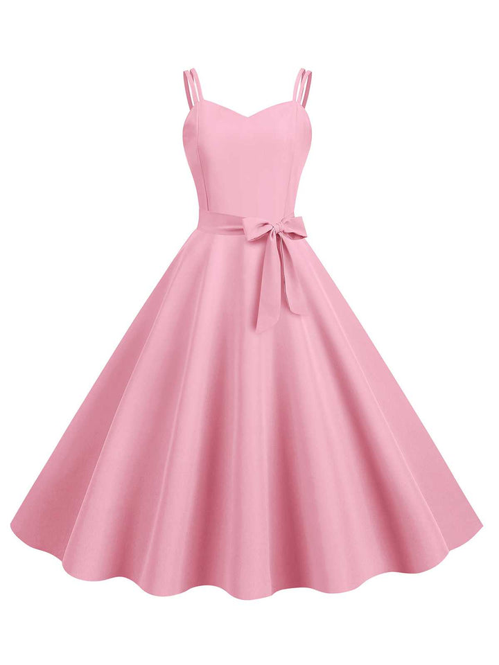 1950s Spaghetti Strap Bow Decor Solid Dress, vintage dress, retro fashion, rockabilly, pin-up fashion - perfect for women who love vintage and retro fashion