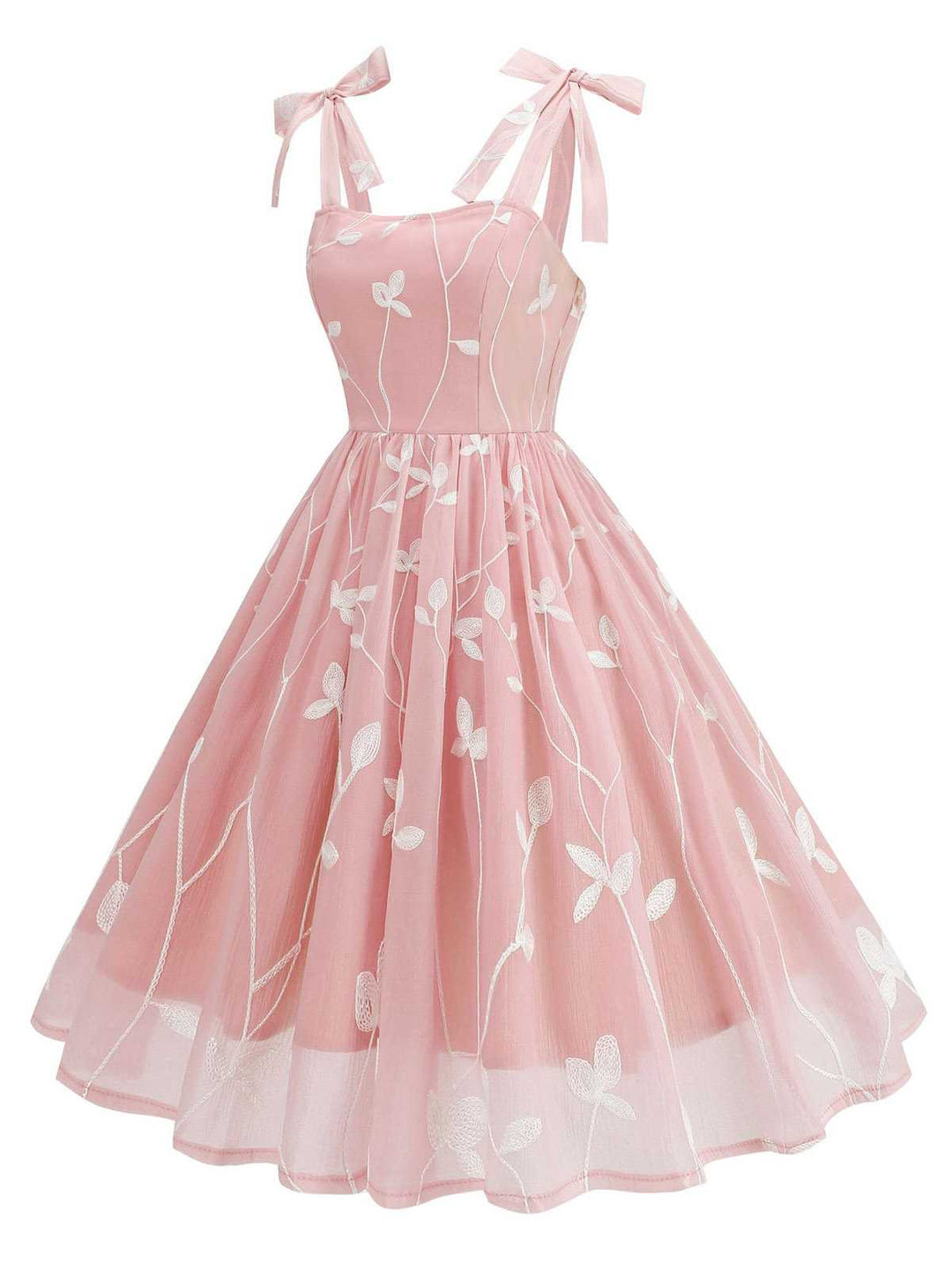 She slips into this 1950s Spaghetti Strap Bow Leaves Mesh Dress and suddenly it&