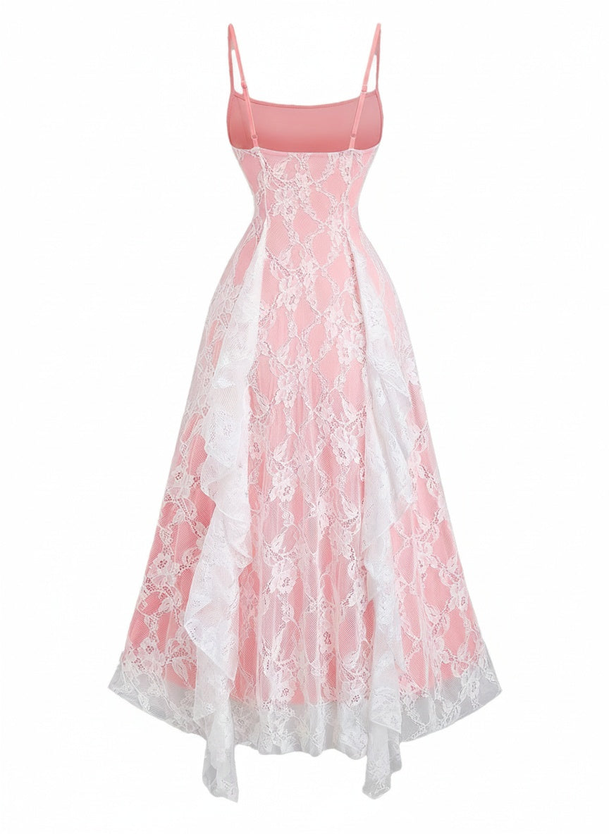 1950s Spaghetti Strap Floral Lace Ruffle Trim Bow Dress, vintage dress, retro fashion, rockabilly, pin-up fashion - perfect for women who love vintage and retro fashion