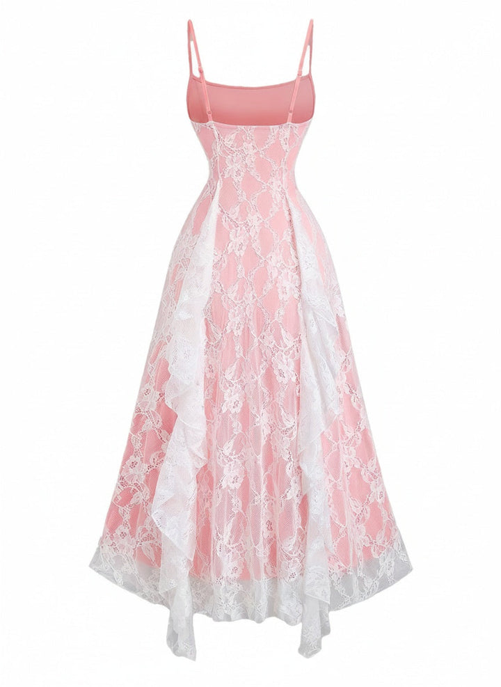 1950s Spaghetti Strap Floral Lace Ruffle Trim Bow Dress, vintage dress, retro fashion, rockabilly, pin-up fashion - perfect for women who love vintage and retro fashion