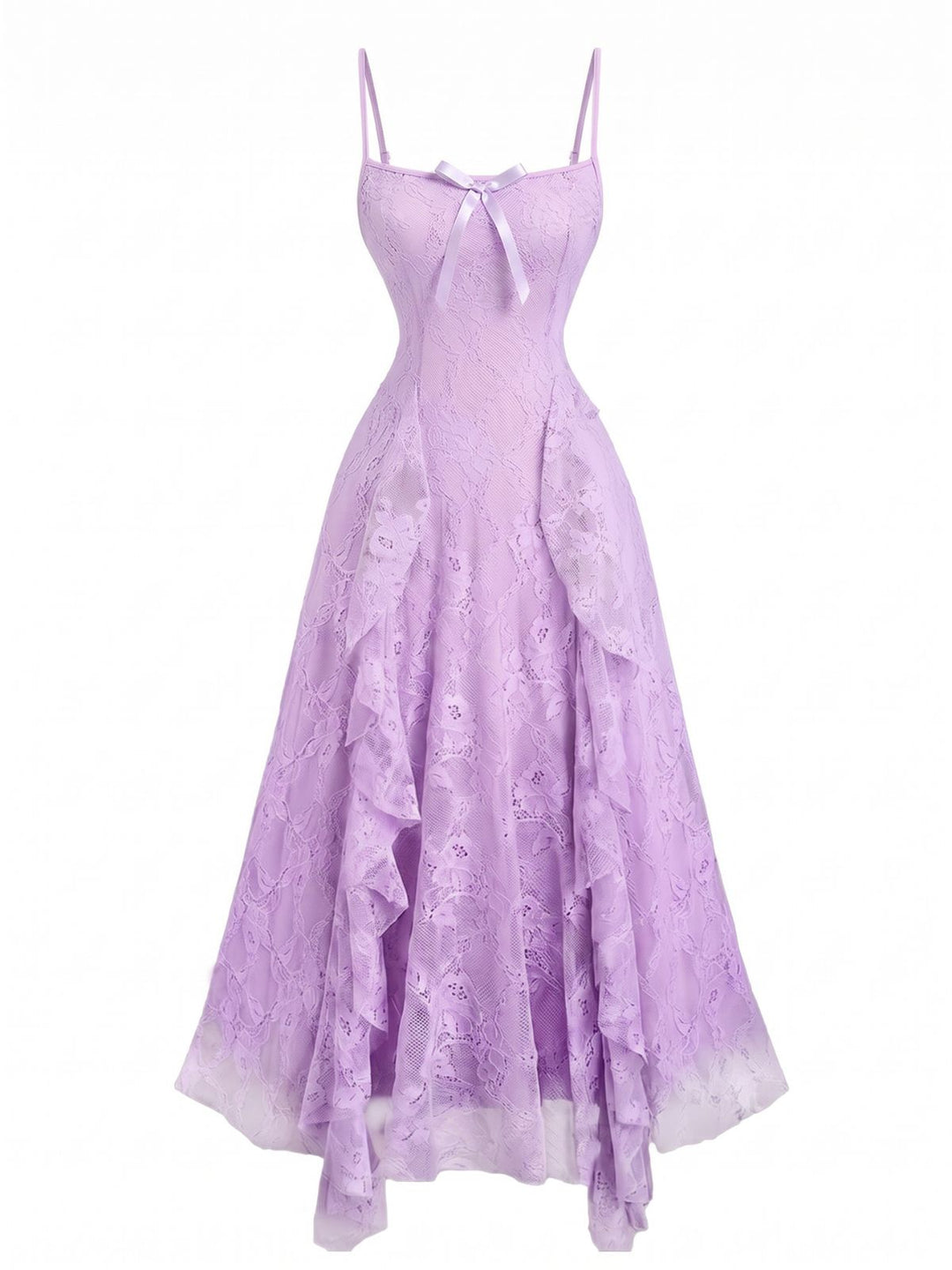 1950s Spaghetti Strap Floral Lace Ruffle Trim Bow Dress, vintage dress, retro fashion, rockabilly, pin-up fashion - perfect for women who love vintage and retro fashion