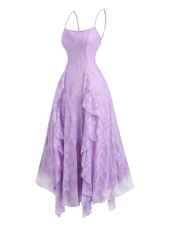 1950s Spaghetti Strap Floral Lace Ruffle Trim Bow Dress, vintage dress, retro fashion, rockabilly, pin-up fashion - perfect for women who love vintage and retro fashion
