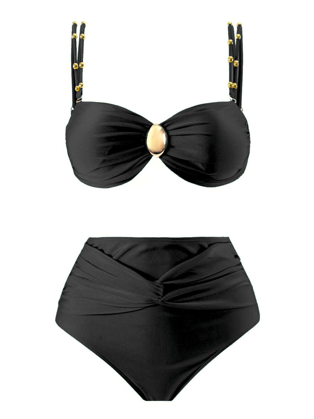 1950s Spaghetti Strap Jewel High-Waist Solid Bikini Set - vintage fashion, retro style