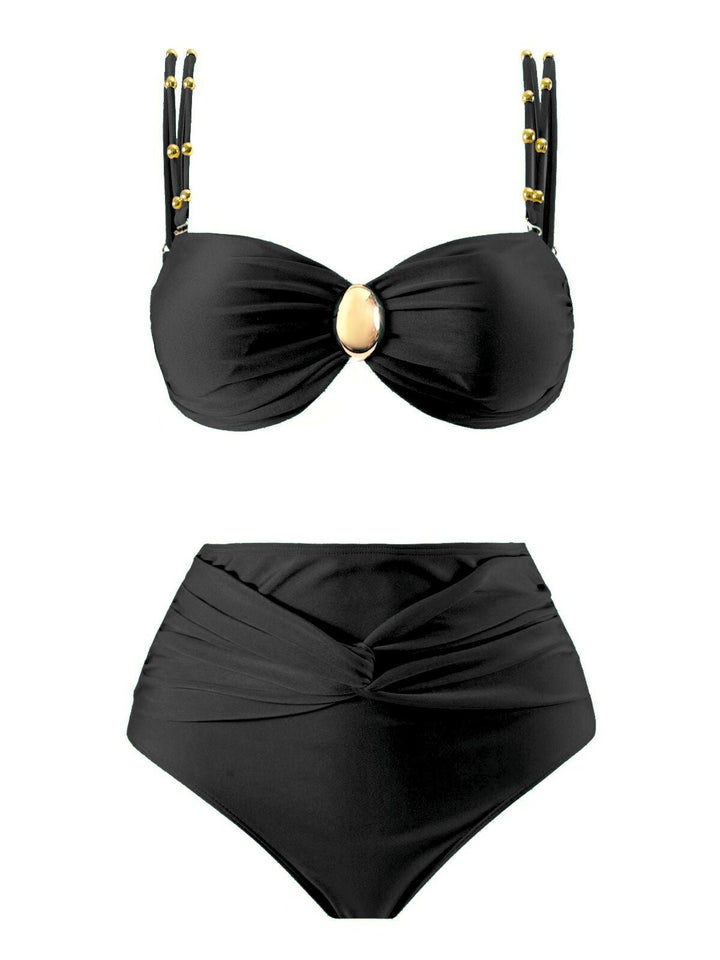 1950s Spaghetti Strap Jewel High-Waist Solid Bikini Set - vintage fashion, retro style