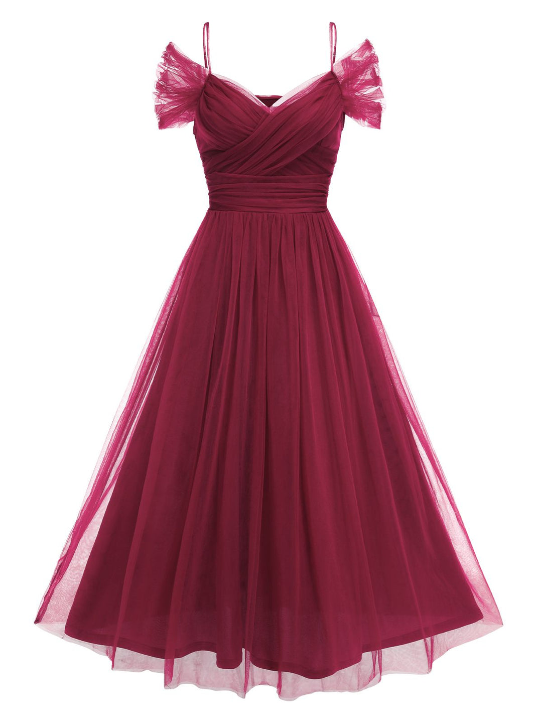 She slips into this 1950s Spaghetti Strap Off-Shoulder Mesh Dress and suddenly it&