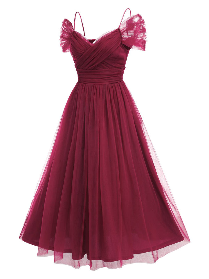 1950s Spaghetti Strap Off-Shoulder Mesh Dress: where 1950s romance meets her modern spirit