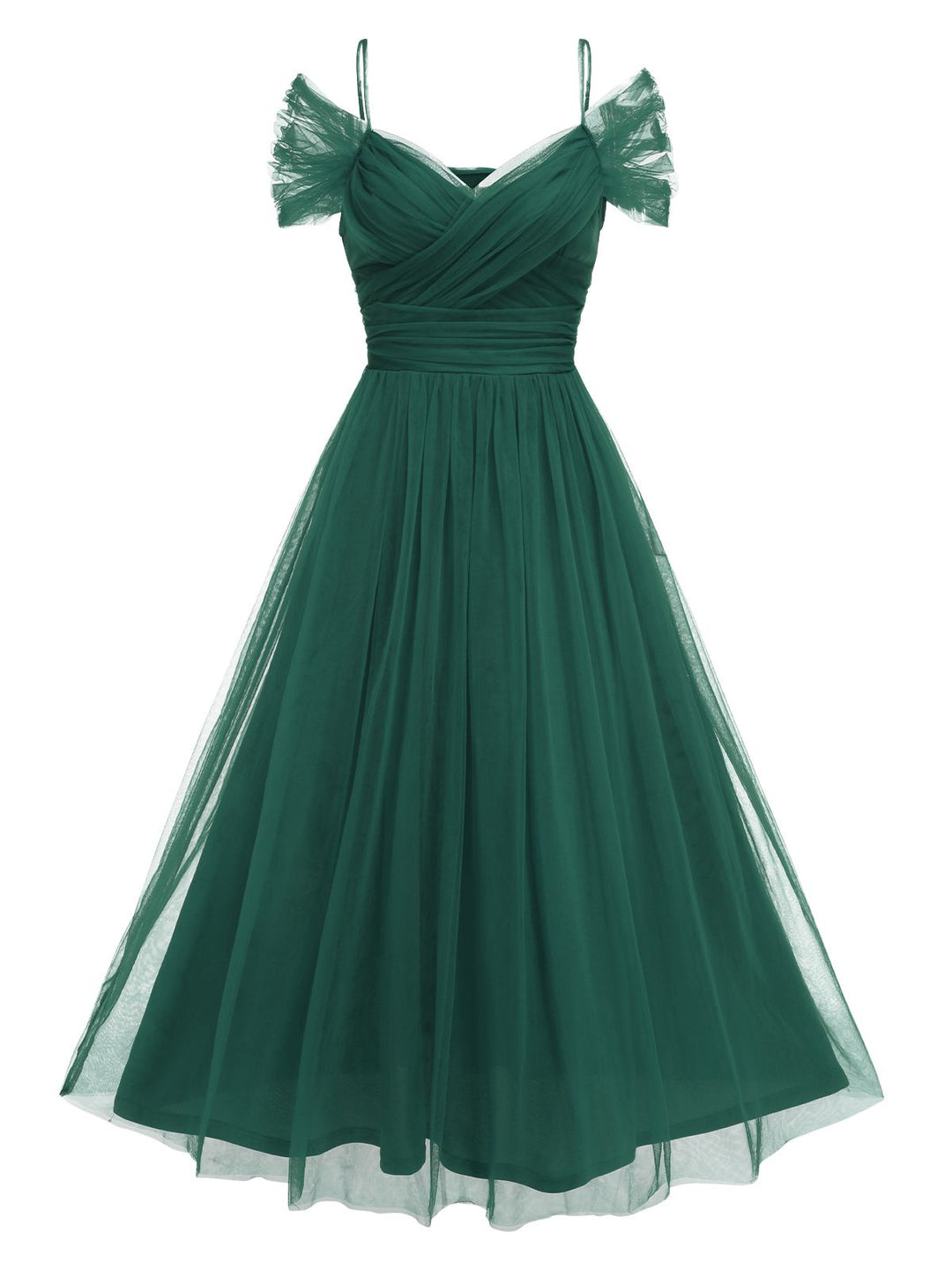 1950s Spaghetti Strap Off-Shoulder Mesh Dress — a 1950s silhouette that turns sidewalks into runways